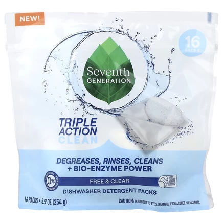Seventh Generation, моющие средства для посудомоечных машин, Free & Clear, 16 шт., 254 г (8,9 унции)
