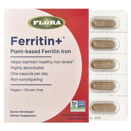 Flora, Ferritin+, ферритин (железо) на растительной основе, 30 веганских капсул с отсроченным высвобождением