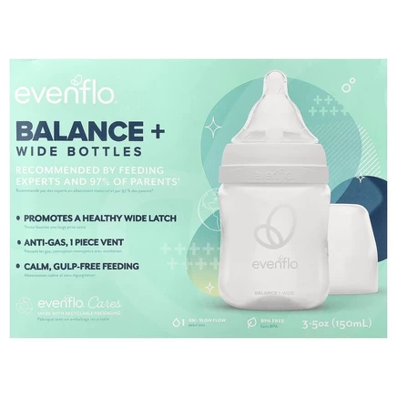 Evenflo Feeding, Balance +, широкие, для детей от 0 месяцев, медленно, 3 флакона по 150 мл (5 унций)