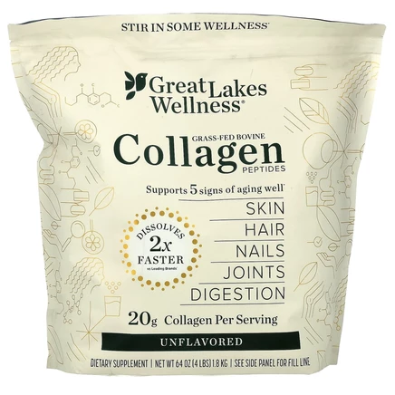 Great Lakes Wellness, Пептиды бычьего коллагена от травяного откорма, без добавок, 1,8 кг (64 унции)