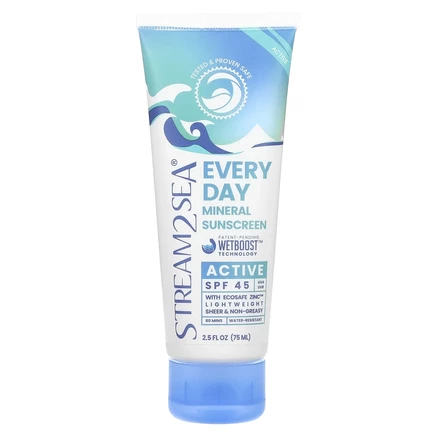 Stream2Sea, Ежедневное минеральное солнцезащитное средство, активное, SPF 45, 75 мл (2,5 жидк. Унции)