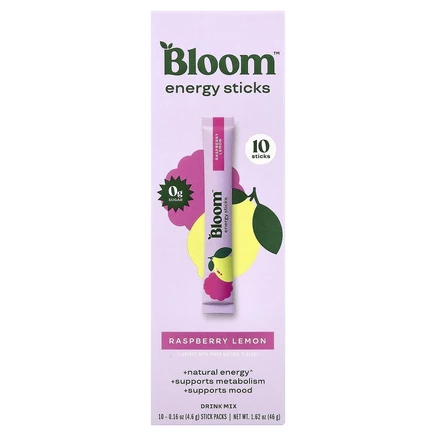 Bloom, энергетические стики, со вкусом малины и лимона, 10 шт. по 4,6 г (0,16 унции)