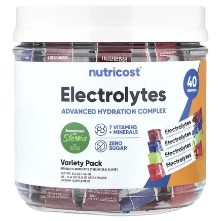 Nutricost, Электролиты, улучшенный комплекс для гидратации, разнообразные пакеты, 40 стиков по 4 г (0,14 унции)