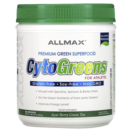 ALLMAX, CytoGreens, зеленый суперпродукт премиального качества для спортсменов, зеленый чай с ягодами асаи, 535 г (1,2 фунта)