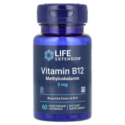 Life Extension, витамин B12, метилкобаламин, 5 мг, 60 вегетарианских леденцов