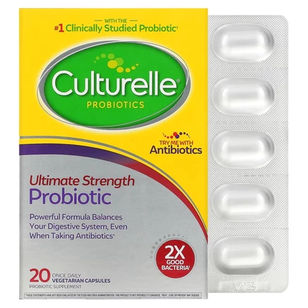 Culturelle, пробиотики, повышенная эффективность, 20 миллиардов КОЕ, 20 вегетарианских капсул для приема один раз в день