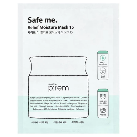 make p:rem, Safe Me, Relief Moisture, маска для лица, 15 шт., 25 мл (0,84 жидк. унции)