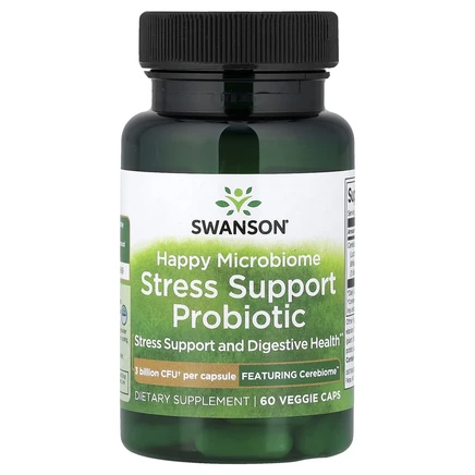 Swanson, Happy Microbiome Stress Support, пробиотик, 3 млрд КОЕ, 30 растительных капсул