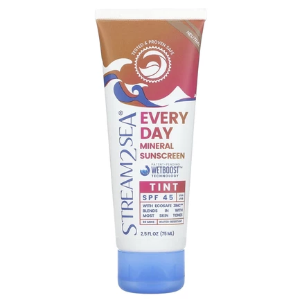 Stream2Sea, Ежедневный минеральный солнцезащитный тоник, SPF 45, нейтральный, 75 мл (2,5 жидк. Унции)