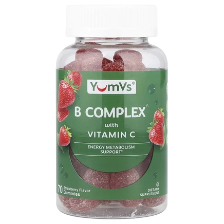 YumVs, комплекс витаминов группы B с витамином C в жевательных таблетках, со вкусом клубники, 70 жевательных таблеток