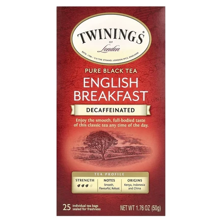 Twinings, 100% чистый черный чай, английский завтрак, без кофеина, 25 чайных пакетиков, 50 г (1,76 унции)