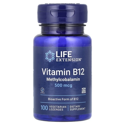 Life Extension, витамин B12, 500 мкг, 100 вегетарианских пастилок