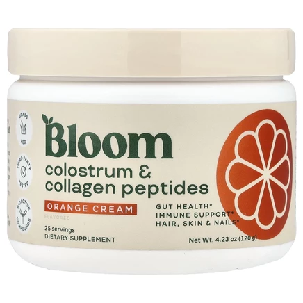 Bloom, молозиво и пептиды коллагена, апельсиновый крем, 120 г (4,23 унции)