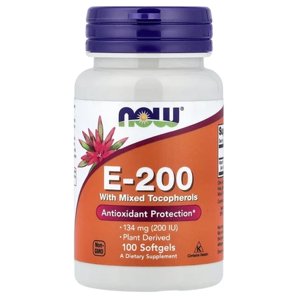 NOW Foods, E-200 со смешанными токоферолами, 134 мг (200 МЕ), 100 мягких таблеток