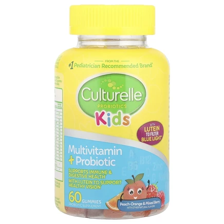 Culturelle, Детские пробиотики, мультивитамины и пробиотики, персик-апельсин и ягодное ассорти, 60 жевательных таблеток