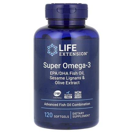 Life Extension, супер омега-3 из рыбьего жира с ЭПК и ДГК, с лигнанами кунжута и экстрактом оливы, 120 капсул