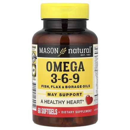 Mason Natural, Омега 3-6-9, масло рыбы, льна и бурачника, 60 мягких таблеток