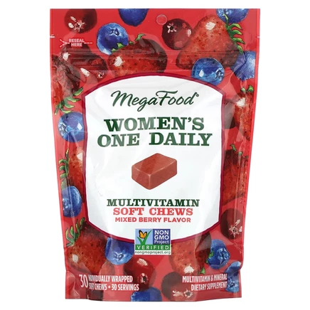 MegaFood, мультивитаминный комплекс для женщин, со вкусом ягодного ассорти, 30 жевательных таблеток в индивидуальной упаковке
