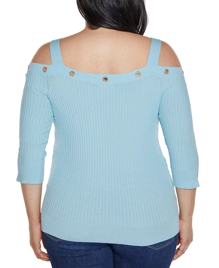 Свитер с открытыми плечами Belldini Plus Size Black Label, украшенный стразами и люверсами tropical sky/white