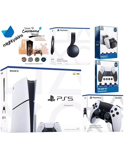  Комплект Playstation 5 Slim Disc с гарнитурой Black Pulse, дополнительным контроллером EDGE, комплектом FPS Grip, док-станцией для двойной зарядки и ваучером на наклейку MightySkins. white
