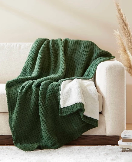 Плед Madison Park Rowan вафельный с шерпой 127×152 см, зеленый