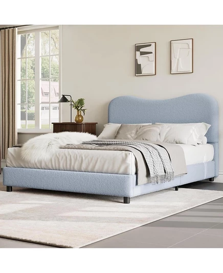 Каркас кровати gaomon Queen-Size Blue Boucle с мягким изголовьем, низкий профиль, Прочные деревянные рейки, Пружинный блок не требуется