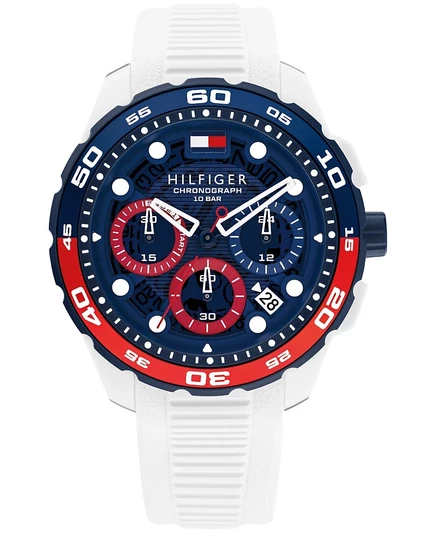 Мужские часы с хронографом Tommy Hilfiger на белом силиконовом ремешке, 44 мм синего цвета