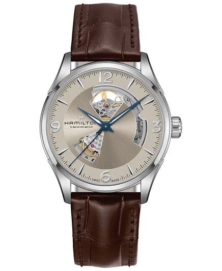 Мужские швейцарские автоматические часы Hamilton Jazzmaster Open Heart с открытым сердцем на коричневом кожаном ремешке 42 мм коричневого цвета
