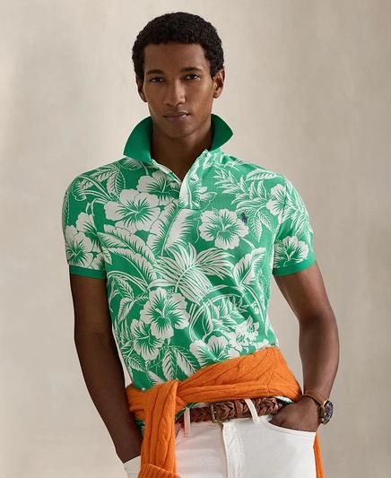 Мужская рубашка поло Polo Ralph Lauren из тропической сетки с коротким рукавом зеленого цвета