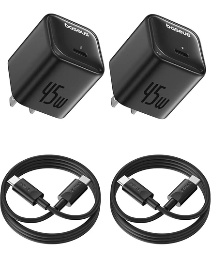 Настенное зарядное устройство Baseus 2-Pack USB-C мощностью 45 Вт с кабелем USB-C, быстрая зарядка PPS для iPhone 17/16/15/14, iPad, Galaxy S24 Ultra и других устройств черного цвета
