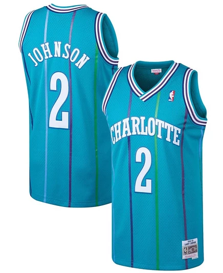 Мужская футболка Larry Johnson бирюзового цвета Charlotte Hornets 1992-93 из твердой древесины Swingman Jersey синего цвета