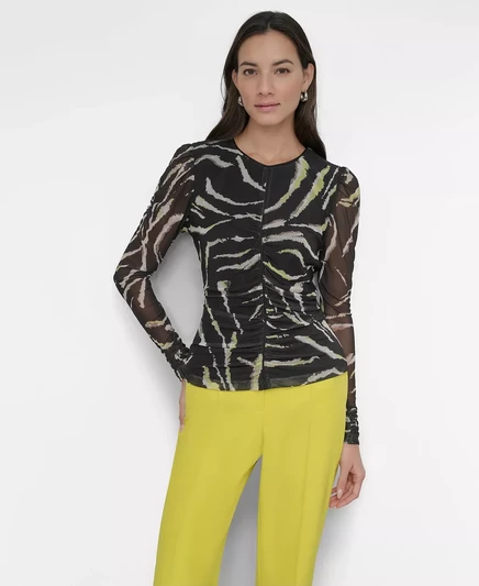  Женский сетчатый топ DKNY с длинным рукавом и принтом acid yellow/black