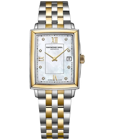 Женские швейцарские часы Raymond Weil Toccata с бриллиантовым акцентом на двухцветном браслете из нержавеющей стали 22,6x28,1 мм белого цвета.