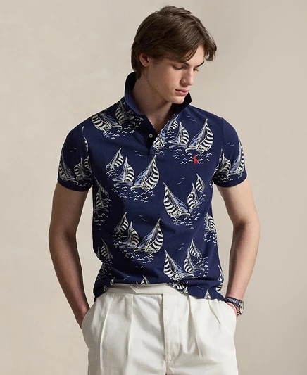 Мужская рубашка поло Polo Ralph Lauren классического кроя из сетчатой ткани-парусника синего цвета