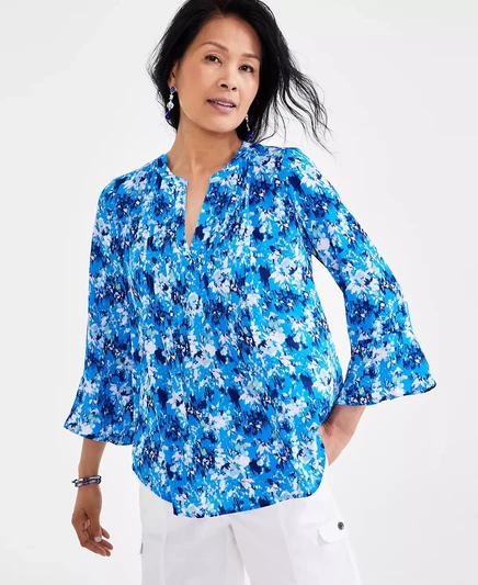  Женский топ с оборками на рукавах и защипах с принтом, созданный для Macy's ibiza blue