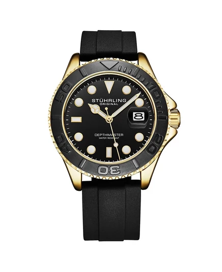 Мужские кварцевые часы для дайверов Stuhrling Depth master 4072, Силиконовый ремешок, Дата, Водонепроницаемые, черные