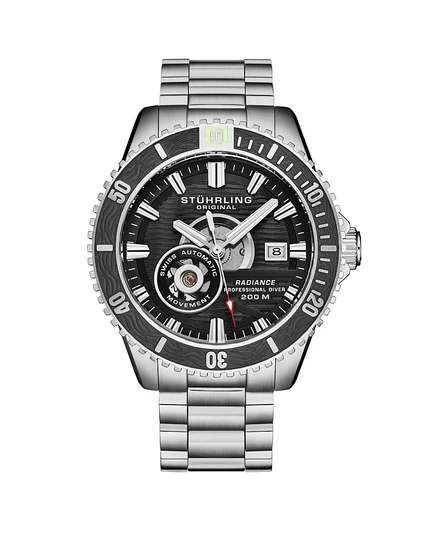 Мужские часы с автоподзаводом Stuhrling 1013 Швейцарский механизм, черный циферблат, черный безель, корпус и браслет из нержавеющей стали, водонепроницаемость для дайверов 200 метров, Окошко даты