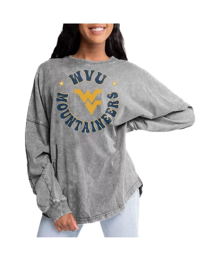 Женская серая футболка Gameday Couture Mountaineers из Западной Вирджинии, играющая вокруг выцветшей застиранной футболки Оверсайз с длинным рукавом gray