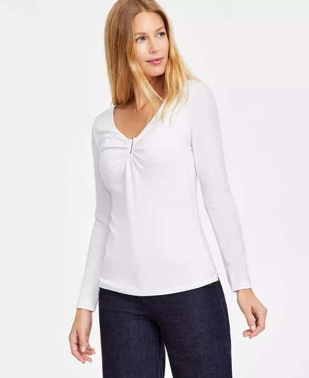  Женский топ в рубчик с длинными рукавами из фурнитуры, эксклюзивно от Macy's bright whi