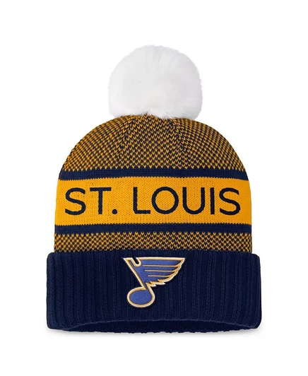 Женская темно-синяя / золотая шапка Fanatics St. Louis Blues Authentic Pro Rink с манжетами и помпоном.