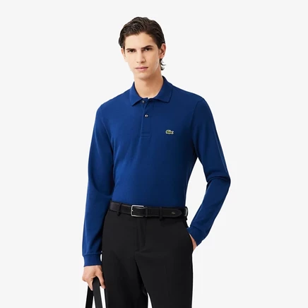 Мужское поло lacoste classic fit с длинным рукавом, синее