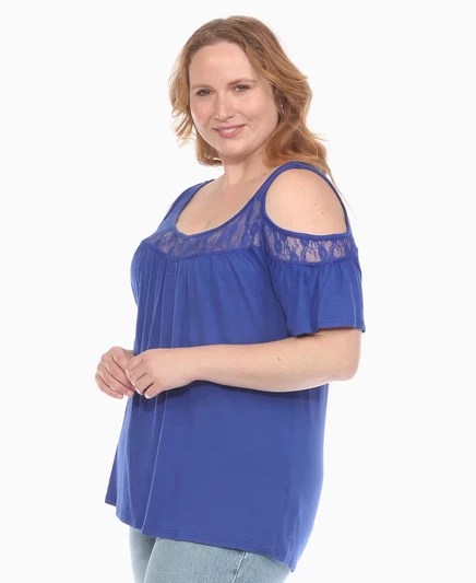 Трикотажный топ с открытыми плечами и кружевной отделкой White Mark Plus размера плюс royal blue