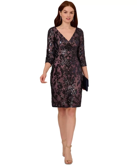  Женское платье-футляр с V-образным вырезом и рукавами 3/4 navy rose gold