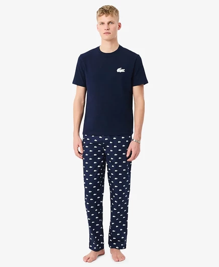 Мужская футболка с коротким рукавом и пижамные штаны Lacoste, комплект из 2 предметов синего цвета