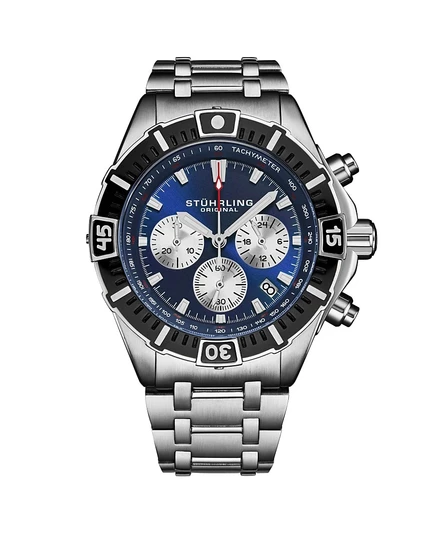 Мужские часы с хронографом Stuhrling 1022, кварцевый механизм, Синий циферблат, серебряные дополнительные циферблаты, Черный безель, Браслет из нержавеющей стали, Водонепроницаемость 50 м, Окошко даты, синее