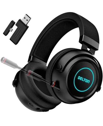 Беспроводная игровая гарнитура Delton с выдвижным микрофоном CVC, USB-ключом для автоматического сопряжения, 35-часовым временем разговора, быстрой зарядкой Игровые наушники с подсветкой RGB для ПК / ноутбуков, планшетов, смартфонов и многого другого - Че