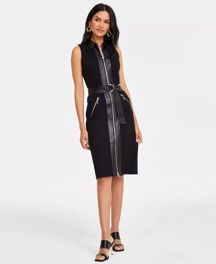 Женское платье с поясом в смешанной технике I.N.C. International Concepts, эксклюзивно в Macys deep black