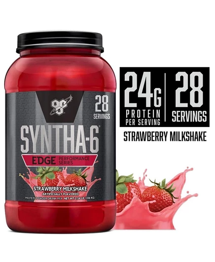 Протеиновый порошок BSN SYNTHA-6 Edge, гидролизованная сыворотка, мицеллярный казеин, Изолят молочного белка, с низким содержанием сахара, 24 г протеина, Клубничный молочный коктейль, 28 порций без красителя.
