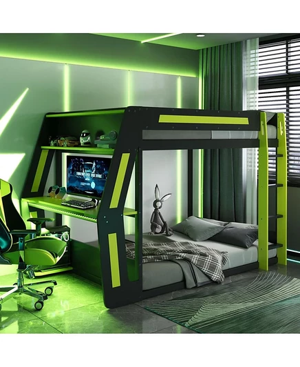 Полноразмерная игровая двухъярусная кровать Streamdale Furniture с рабочим столом RGB, USB-портами, светодиодной лентой и кабельной прокладкой