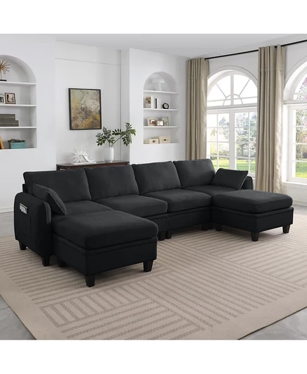 Streamdale Furniture 109 Современный L-образный секционный диван из синели с пуфиком для хранения вещей черного цвета